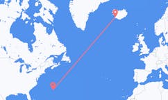 Fly fra byen Bermuda, Storbritannien til byen Reykjavik, Island
