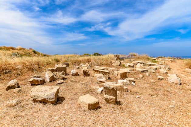 Photo of ruins of the ancient city of Nea Paphos, Antique columns in Kato Pafos Archaeological Park, Cyprus.