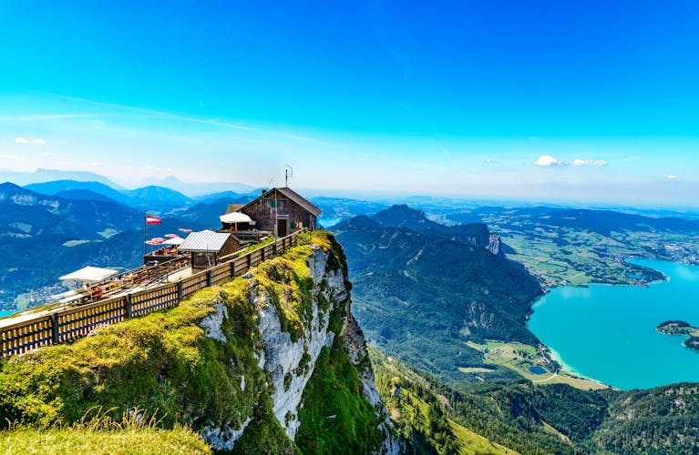 Photo of Amazing view from Schafberg by St. Sankt Wolfgang im in Salzkammergut, Blue sky, alps mountains, Salzburg