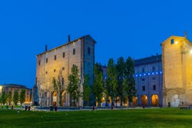 Photo of panorama of Parma cathedral with Baptistery leaning tower on the central square in Parma town in Italy.