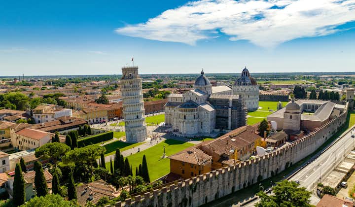 Aerial view at tower of Pisa in Italy on a sunny day.