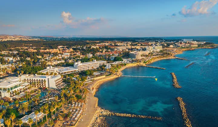 Photo of  aerial view of famous Mediterranean resort city with beautiful beaches and blue sky, Paphos embankment, Cyprus.