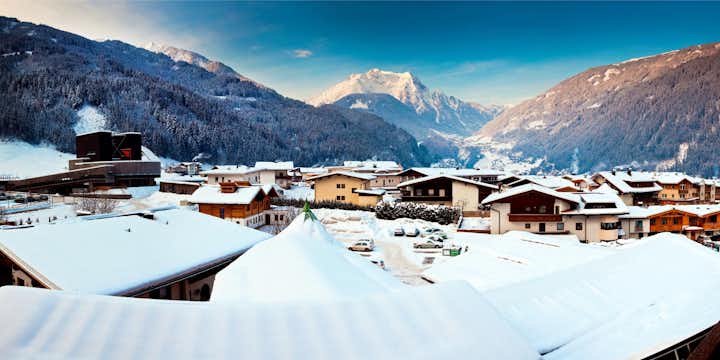 photo of panorama view of Mayrhofen winter resort in Austria.