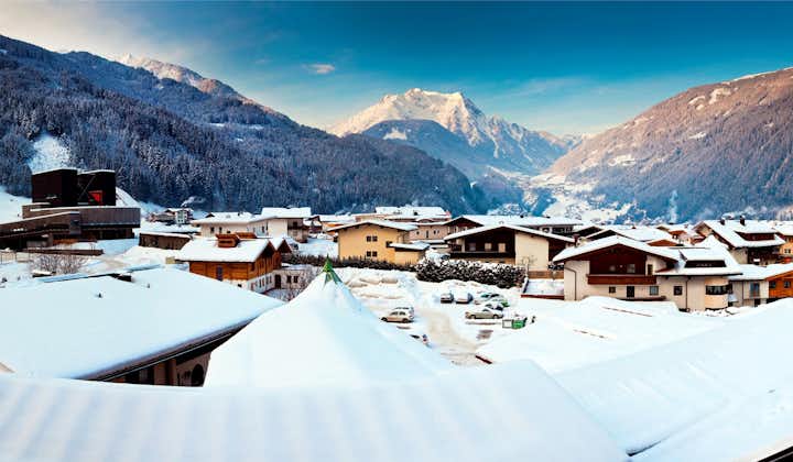 photo of panorama view of Mayrhofen winter resort in Austria.