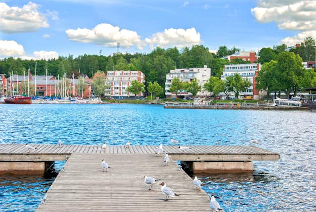 Photo of Lappeenranta. Fonland. Small wooden pier with seagulls on The Saimaa Lake.