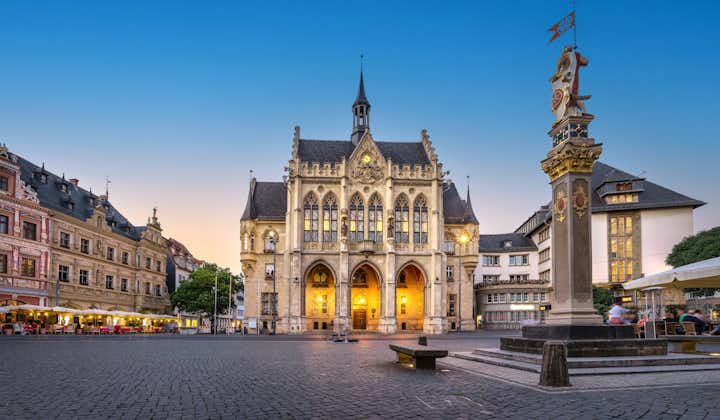 Panorama of Fischmarkt square with historic Town Hall in Erfurt, Germany