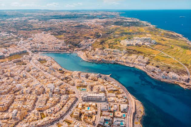 City Marsaskala Malta summer harbour water mediterranean sea blue. Aerial top view.