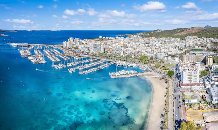 Aerial view of Sant Antoni de Portmany, Ibiza islands, Spain