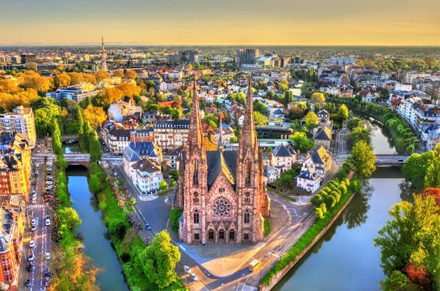 Photo of aerial view of the Saint Paul Church in Strasbourg, France.
