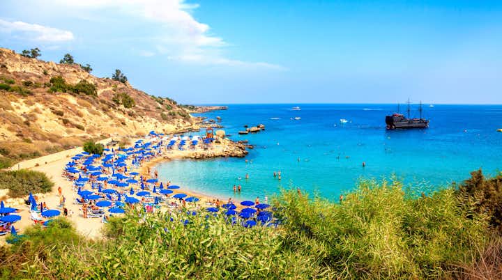 Photo of Konnos Beach of Cyprus island. Cape Greko natural park. Beautiful sand beach between Aiya Napa and Protaras, Cyprus.