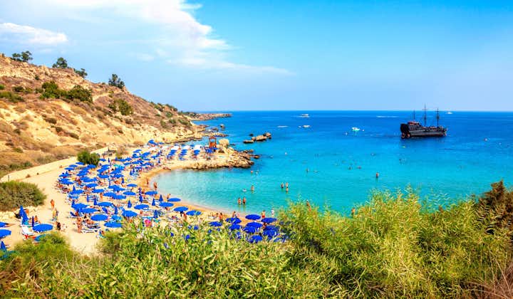 Photo of Konnos Beach of Cyprus island. Cape Greko natural park. Beautiful sand beach between Aiya Napa and Protaras, Cyprus.