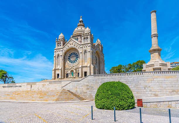 Viana do Castelo, Portugal.  General view of the sanctuary of Santa Lucia and the forecourt. With stone stairs and four exactly equal facad