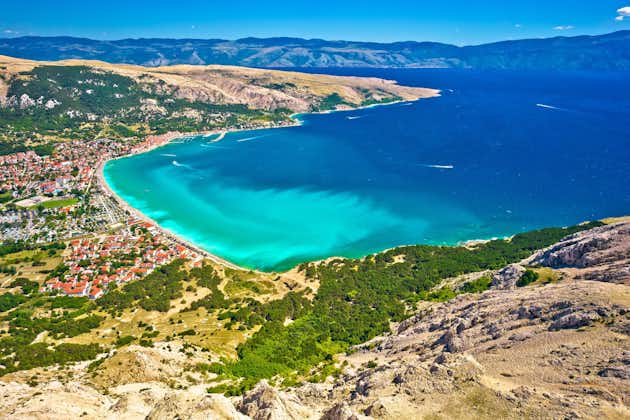 Photo of Baska lagoon aerial panoramic view, turquoise beach on Krk island, Adriatic, Croatia.