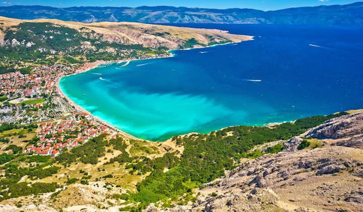 Photo of Baska lagoon aerial panoramic view, turquoise beach on Krk island, Adriatic, Croatia.