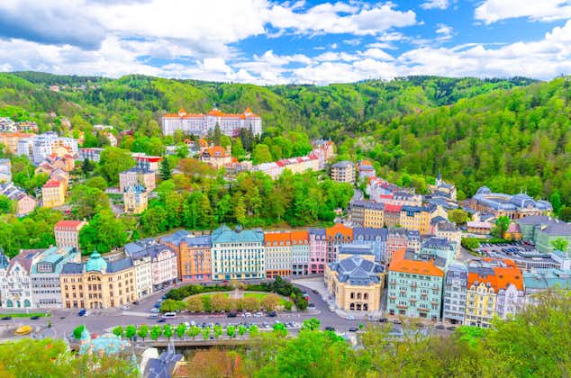 Photo of panoramic aerial image of Karlovy Vary (Carlsbad), located in western Bohemia, Czech Republic.