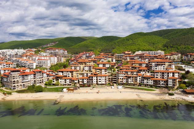 Photo of beach and modern living houses on Black sea coast in Sveti Vlas, Bulgaria.