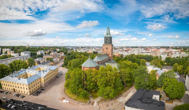 Photo of aerial panorama of Turku Cathedral and the city center at sunny summer day.