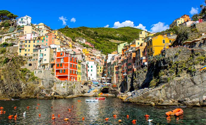 Panorama of Riomaggiore and stunning colorful buildings,Cinque Terre National Park,Liguria,Italy,Europe