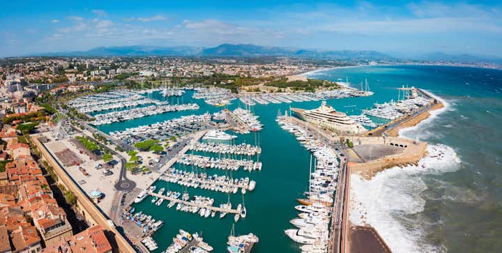 Antibes port aerial panoramic view. Antibes is a city located on the French Riviera or Cote d'Azur in France.