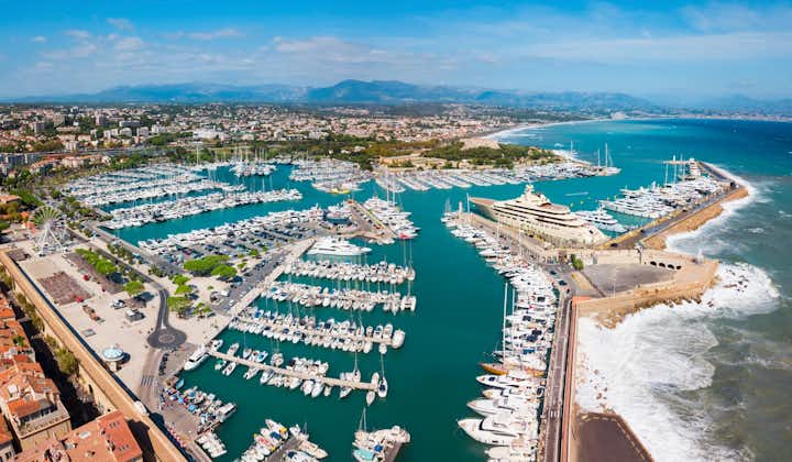 Antibes port aerial panoramic view. Antibes is a city located on the French Riviera or Cote d'Azur in France.
