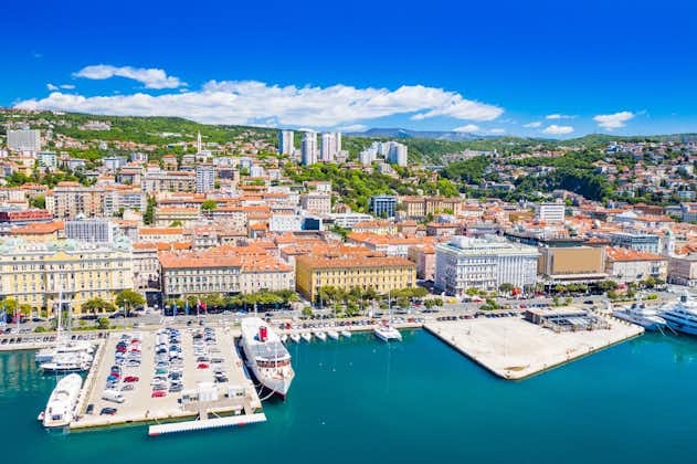 Aerial panoramic view of Rijeka, Croatia city center, marina and harbor
