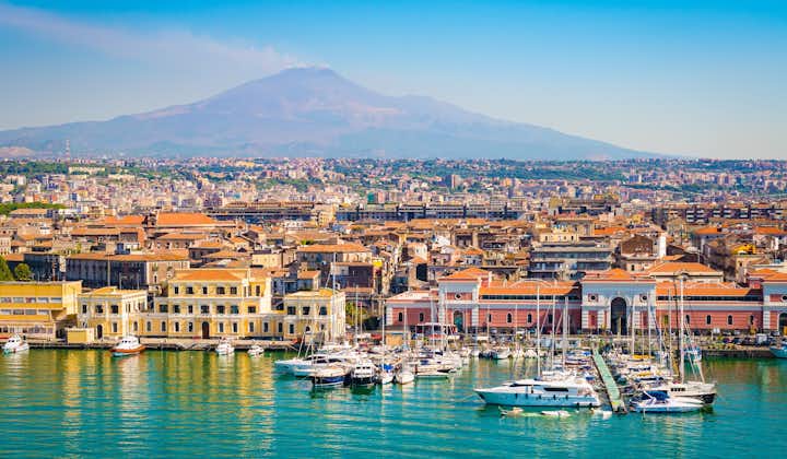 Photo of aerial view of Mount Etna, City, beaches and Port, Catania, Sicily, Italy.