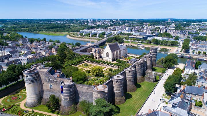 Aerial photography of the castle of the dukes of Anjou in Angers city, Maine et Loire, France