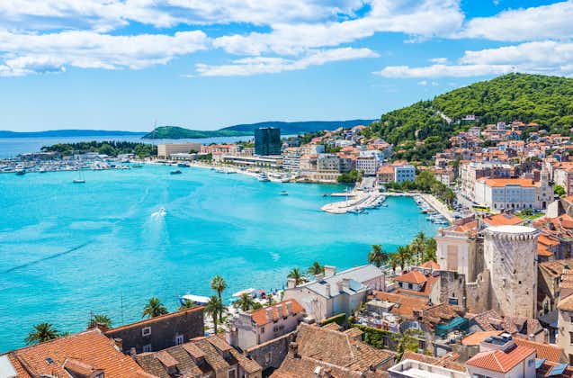 Photo of Split panoramic aerial view of town with beautiful beach and blue sky, Dalmatia, Croatia.