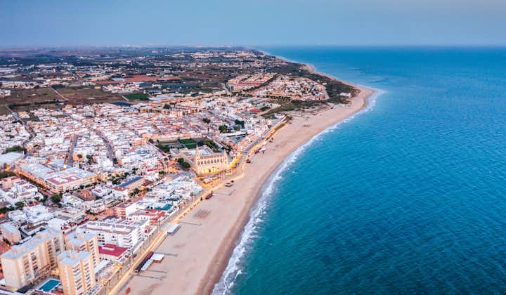 Photo of wonderful aerial view of Chipiona beaches in Spain.