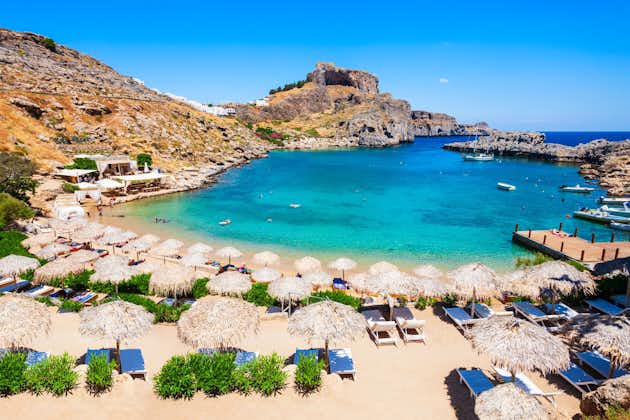 Photo of Saint Paul's Beach and Lindos Acropolis aerial panoramic view in Rhodes island in Greece.