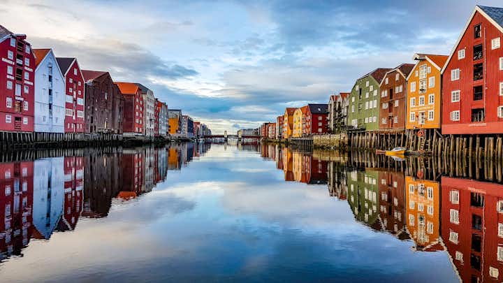 Photo of the harbor and city of Trondheim in Norway.
