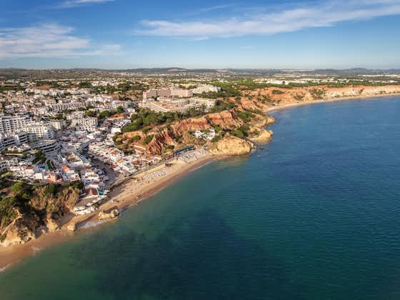 Aerial. Amazing view from the sky, town coast Olhos de Agua. Faro Albufeira.