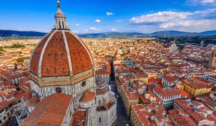 Aerial view of the Cattedrale di Santa Maria del Fiore in Florence, Italy, overlooking the city