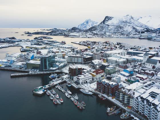 photo of beautiful super wide-angle winter snowy view of Svolvaer in Oslo , Norway.