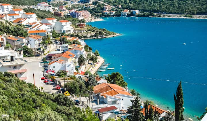Photo of aerial view over the town of Neum in Bosnia and Herzegovina in Malostonski bay on Adriatic sea.
