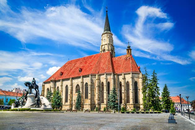 Medieval St. Michael's Church and Union Square in Cluj-Napoca, Transylvania.