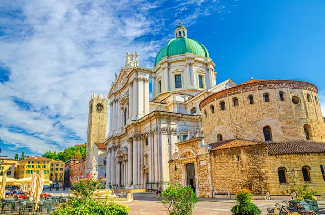 photo of view of New and Old Cathedral Roman Catholic church, Piazza Paolo VI Square, Brescia, Italy.