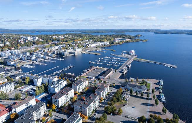 Drone aerial cityscape Kuopio city and the marina, Finland.