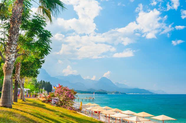 Photo of beautiful beach with green trees in Kemer, Turkey.