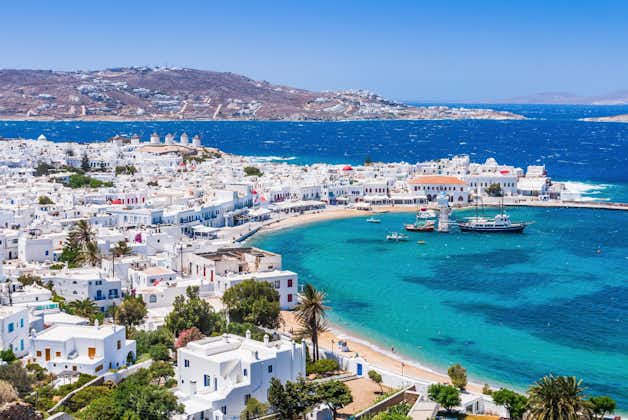 Photo of panoramic view of Mykonos town, Cyclades islands.