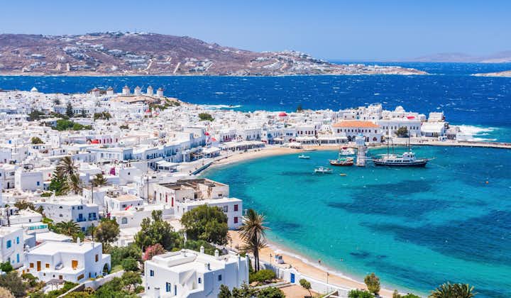 Photo of panoramic view of Mykonos town, Cyclades islands.