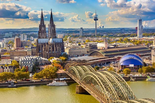Aerial view of the cathedral in Cologne and Hohenzollern bridge over Rhein, Germany