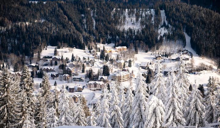 Photo of aerial view of architecture of Spindleruv Mlyn resort in winter, Hradec Kralove, Czech Republic.