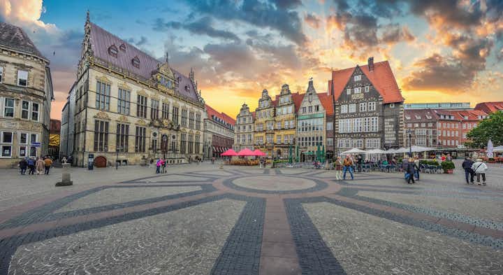 Historic Bremen market square in the centre of the Hanseatic City of Bremen with view on former guild house The Schuetting and famous Raths buildings