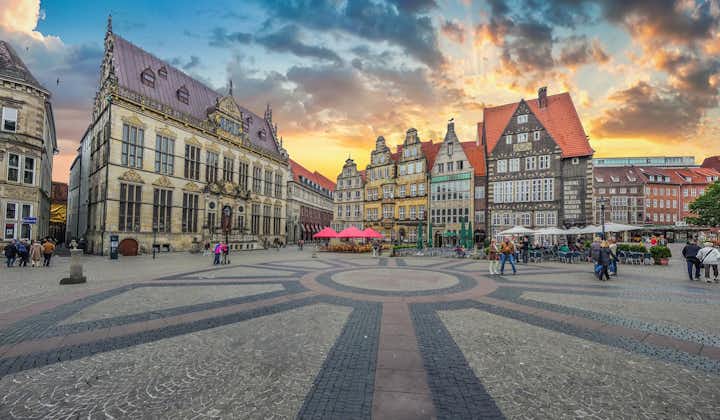 Historic Bremen market square in the centre of the Hanseatic City of Bremen with view on former guild house The Schuetting and famous Raths buildings
