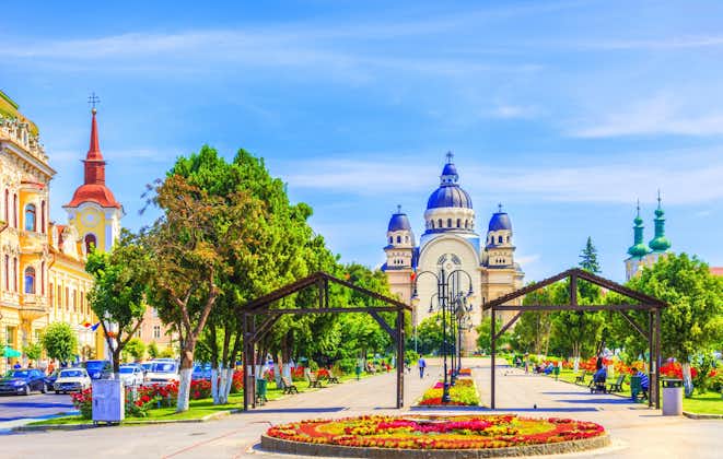 Center of Targu Mures city with ortodox church in the Roses Square, Transylvania, Romania.
