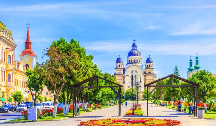 Center of Targu Mures city with ortodox church in the Roses Square, Transylvania, Romania.