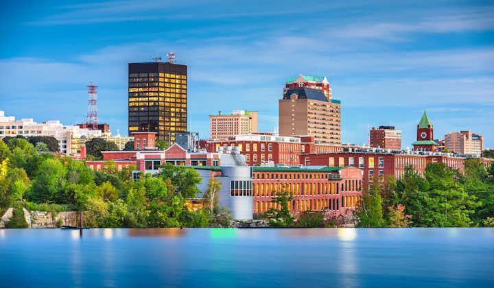 Photo of Manchester, New Hampshire, USA Skyline on the Merrimack River.