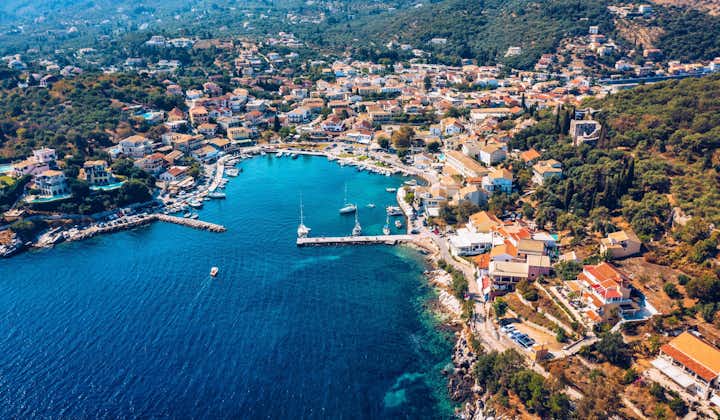 Photo of panoramic aerial view of Kassiopi, town in Corfu, Greece.