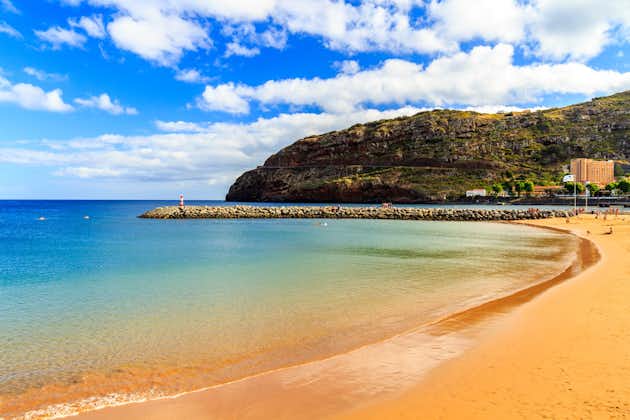 Photo of best sandy beach on Madeira island, Machico, Portugal.
